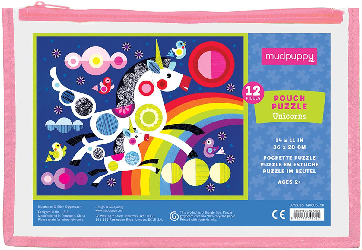 Mudpuppy Unicorns Pouch Puzzle, 12 Extra-Thick Pieces, 14”x11” – Great for Kids Age 2+ – Perfect for Travel – Helps Develop Hand-Eye Coordination - Packaged in Secure, Reusable Pouch