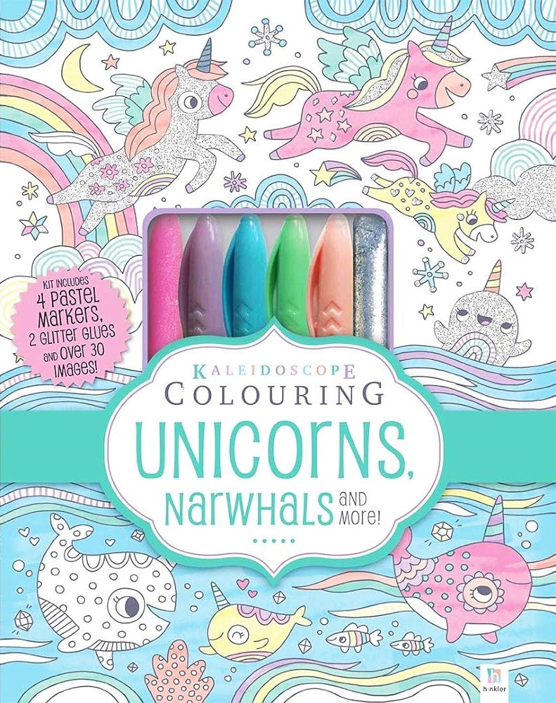 Kaleidoscope Colouring Kits  Pastel  with 4 Highlighters Unicorns and Narwhals